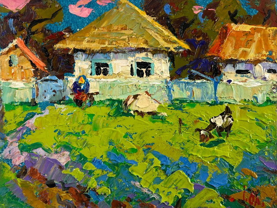 Image 1 of Original Oil Painting Summer Village Landscape Silence filled with warmth