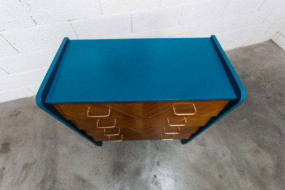 Image 1 of Commode scandinave 1960 atypique bleu Ainhoa Satiné 4 tiroirs