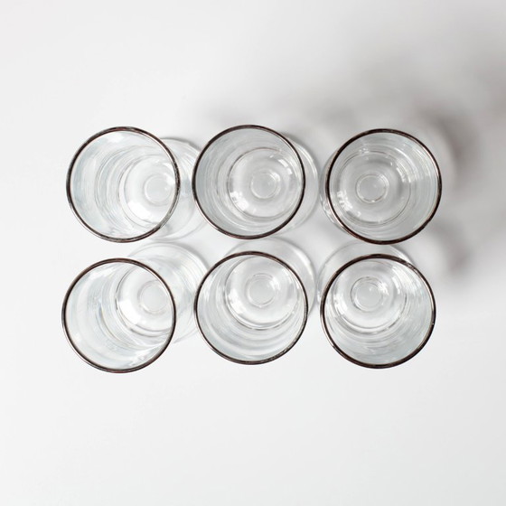 Image 1 of Set van 6 vintage Italiaanse heldere wijnglazen met zilveren rand, mid-century stijl / jaren 1950