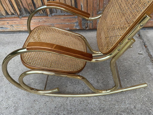Rocking chair vintage en laiton et rotin, années 1950