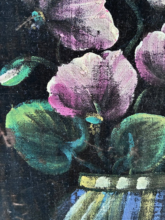 Image 1 of Set vintage original velvet flower oil painting, pair of flower still life art