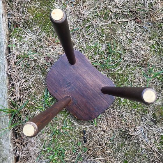 Vintage tripod stool, plant stand, sunflower patterns, Tabouret tripode, Wood, Yellow (photo 5 of 5)