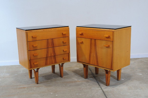 Image 1 of Mid Century Nightstands Ash Veneer & Black Glass František Mezulánik Nový Domov 1970s Czechoslovakia