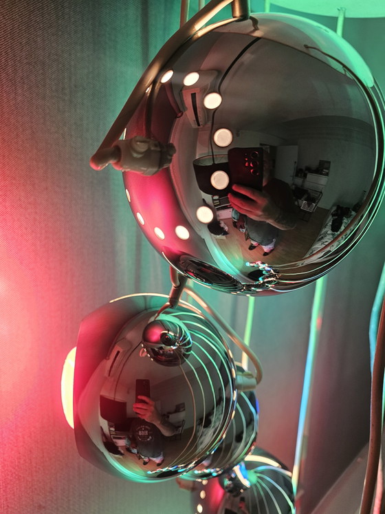 Image 1 of Large XXL Space Age cascade pendant light, 10 chrome globes, Reggiani style – 1970s