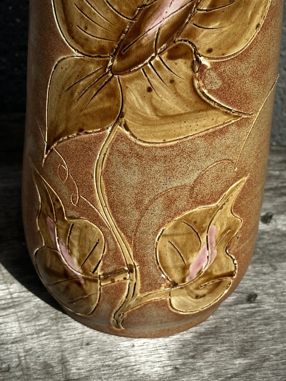 Image 1 of Vaso Vintage céramique années 60 décor floral - signé Vallauris H 20 cm