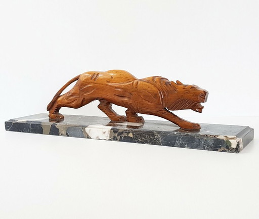 Art Deco Panter 1920-1930 in walnoothout en marmer, vintage jaren 20, 30, 1920, 1930