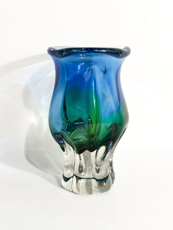 Vintage 70s Murano Sommerso Blue and Green Glass Vase (photo 2 of 7)
