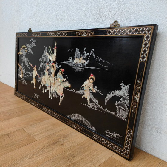 Image 1 of Vintage Chinoiserie black lacquered wall panel with mother-of-pearl inlay