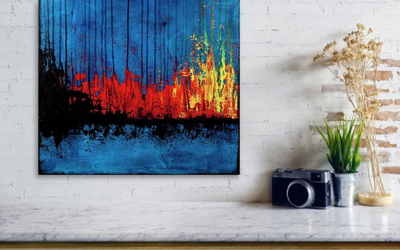 Image 1 of Contemporary abstract artwork in blue, red,black, yelow on stretched canvas