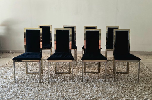 Set aus 8 Esszimmerstühlen aus Messing, Chrom und schwarzem Samt, Maison Roméo, um 1970 – eetkamerstoelen, Textile