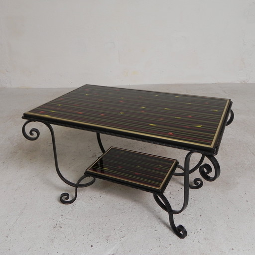 Vintage coffee table with 2 glass tops with 50s print