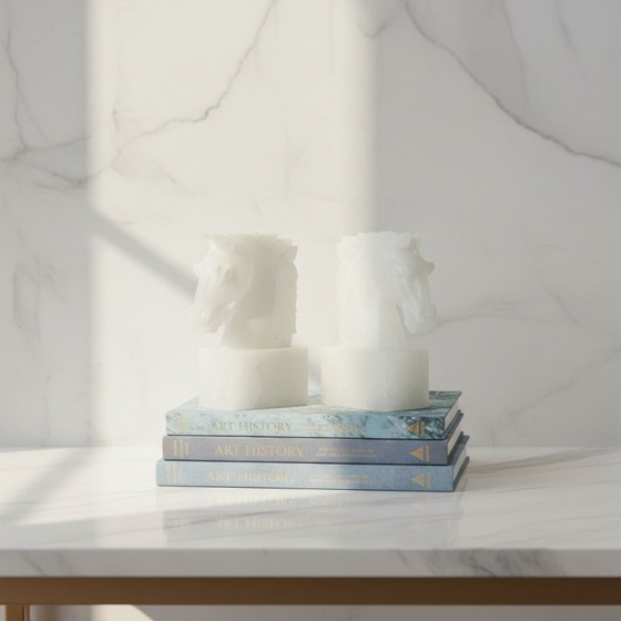 Image 1 of Witte onyx - Vintage boekensteunen met paardenhoofd