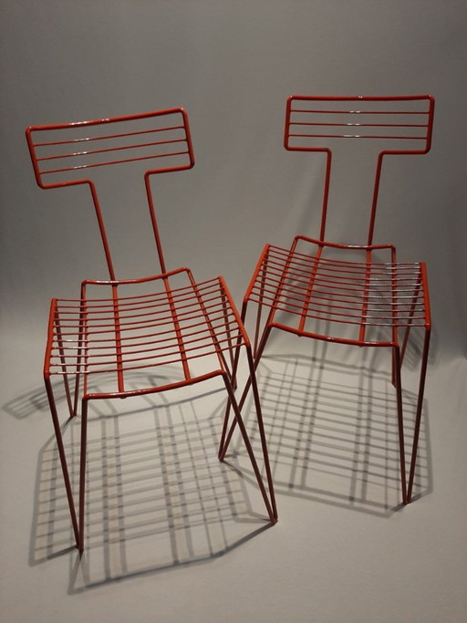 Set de sillas de alambre rojas vintage –apilables–interior y exterior