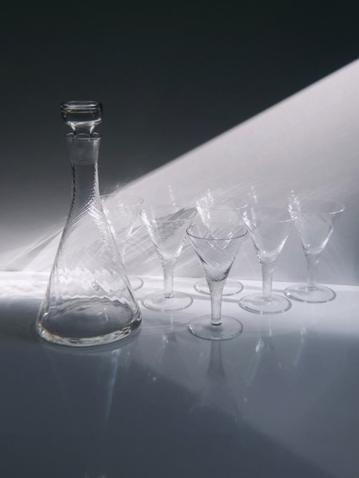 Vintage Dekanter Karaffe und 6 Likörgläser Mundgeblasen Swirl Kristall Glas 80er