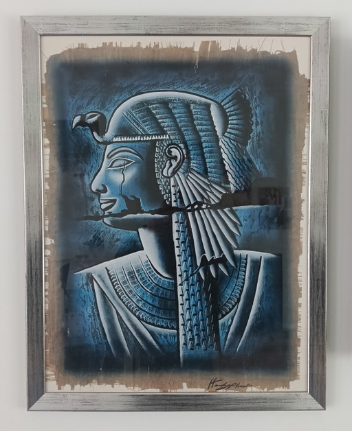 Large Egyptian Papyrus Painting Signed