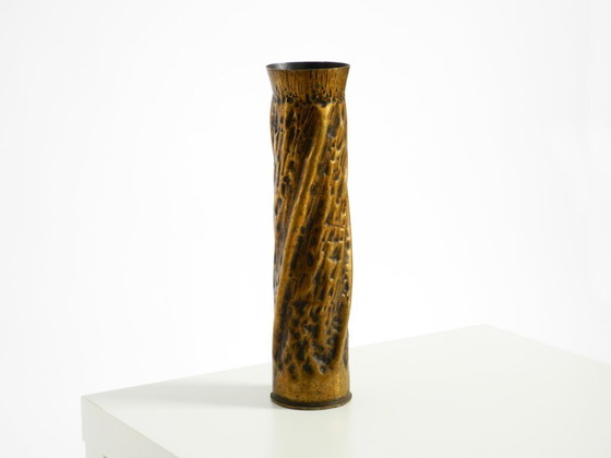 Image 1 of Unique large brass vase in a Brutalist design, handcrafted in December 1975
