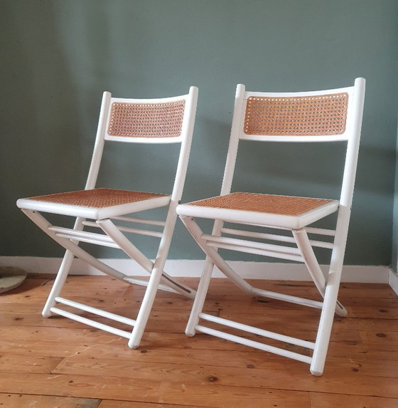 Image 1 of Set of 2 White Design folding chairs with cane / webbing upholstery