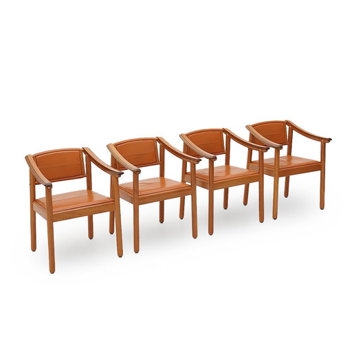4 Chaises en bois et en cuir, années 70