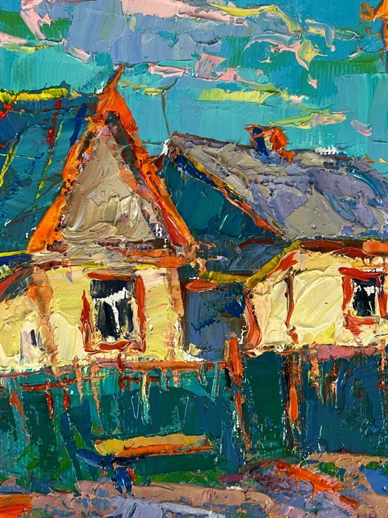 Image 1 of Original Oil Painting Rural Landscape Village A Walk along the Morning Street