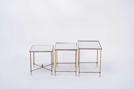 Image 1 of Hollywood Regency Brass and Glass Nesting Tables in the Style of Maison Jansen, Set of 3