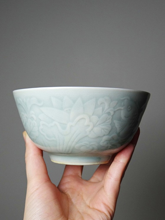 Image 1 of 4 Vintage celadon porcelain Chinese rice bowls from the 1970s-80s with koi carp reliefs