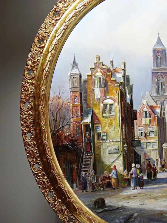 Image 1 of Large framed urban scene oil painting on wood by John Haanstra, vintage
