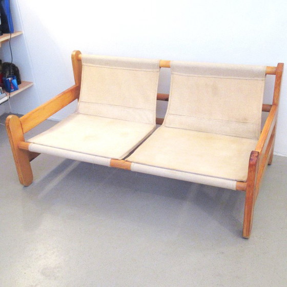 Image 1 of Pine and fabric bench from the 1980s