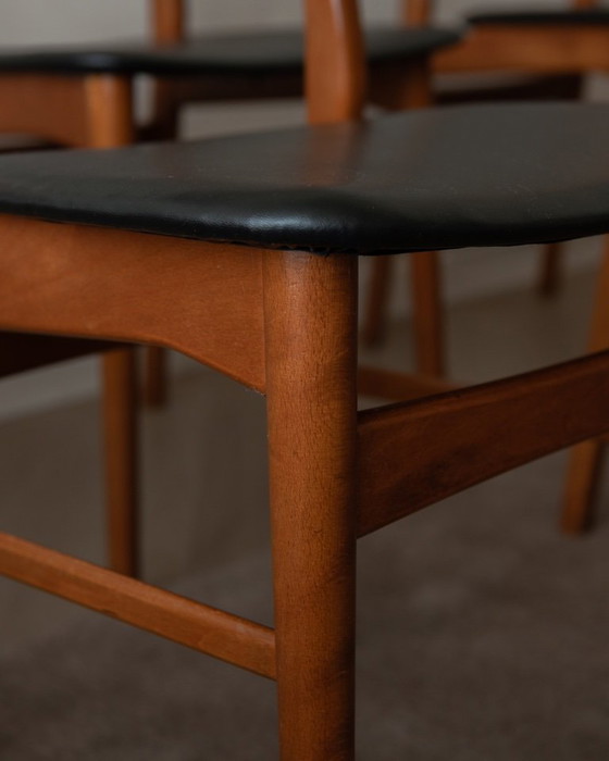 Image 1 of Vintage Danish Dining Chairs, Teak Backrest and Beech Frame, Newly Upholstered Black Skai Seats, 1960s