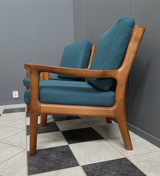 Image 1 of Ensemble de chaises danoises en teck de Jull Kristensen, années 1960, avec un nouveau revêtement vert.