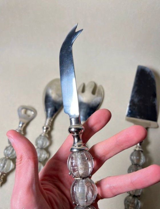 Image 1 of Ensemble de couverts de service (salade / décapsuleur / fromage / gateaux) en métal argent et verre