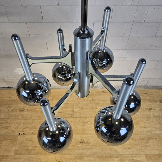 Image 1 of Grote Chromen Vintage Space Age Gaetano Sciolari hanglamp (70s) Itiliaans design (kroonluchter) bol lampen 