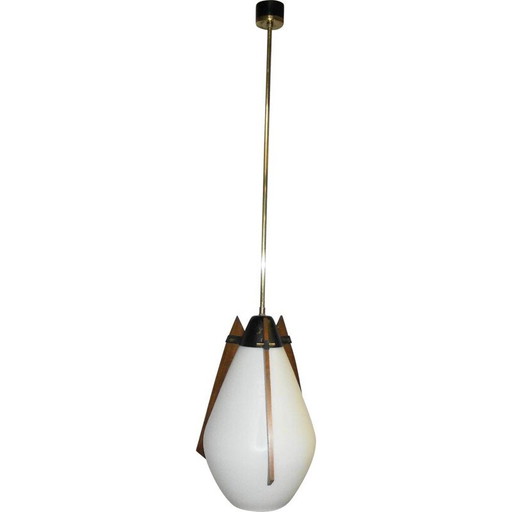 Vintage brass and teak hanging lamp, Italian 1970s