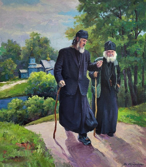 Original Oil Painting Monks Landscape From Sunday Service – schilderijen tekeningen, Canvas