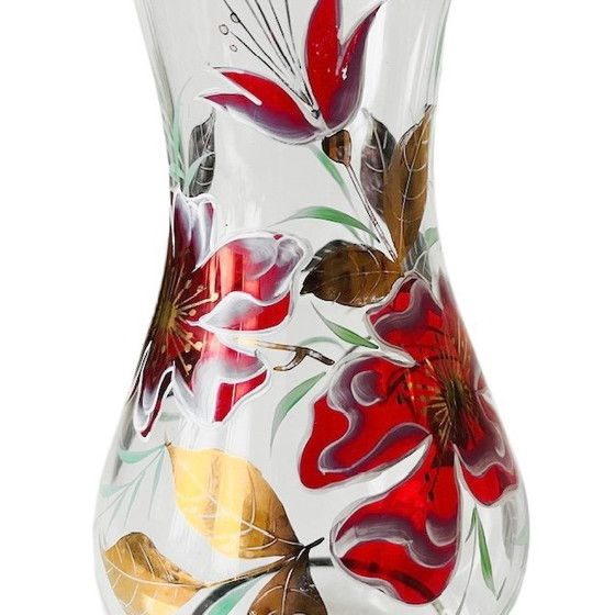 Image 1 of Vaso in vetro Art Déco con gigli dipinti a mano in rosso e oro, anni '30