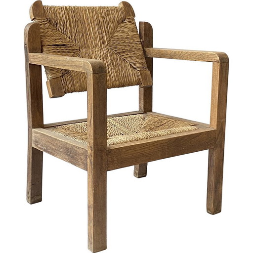 Poltrona vintage in legno e paglia per bambini, 1950