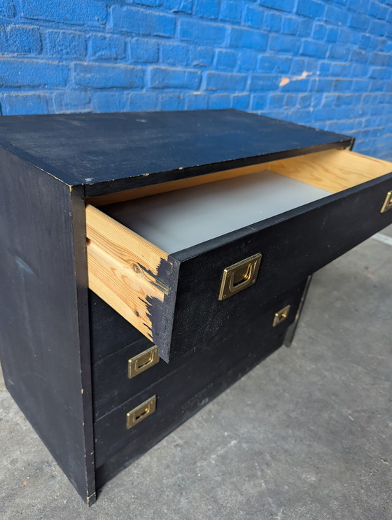 Image 1 of Vintage black Danish chest of drawers / brass
