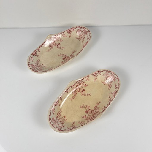 Coppia di piatti da portata ovali con manici laterali, KG Lunéville, Ironstone, "Fontainebleau", rosa, XIX secolo