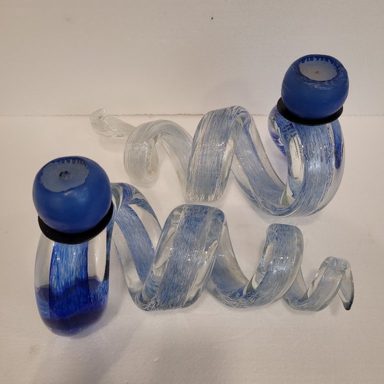 Image 1 of Pair of blue spiral candlesticks, glass, 80's - France