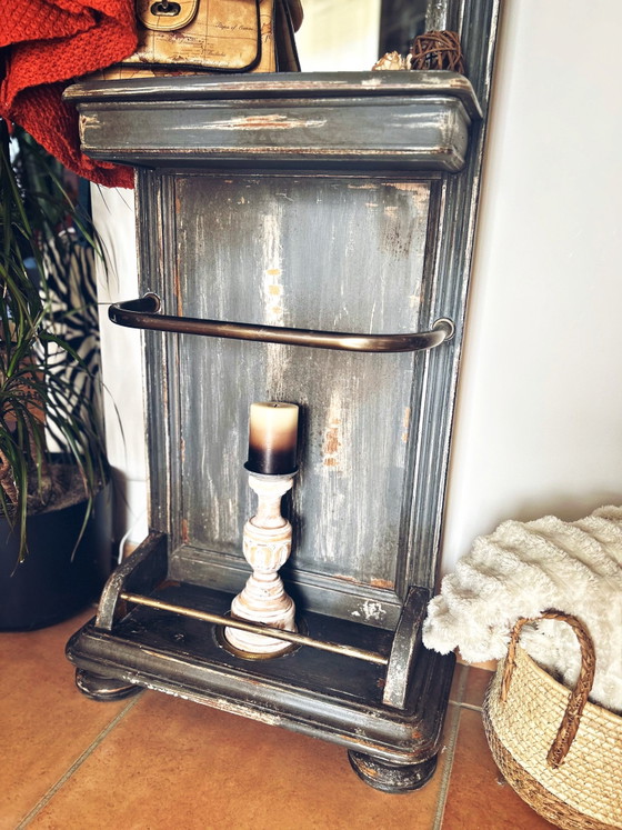 Old entrance coat rack patinated blue-grey with mirror, Vintage charm, Shelving unit, Wood (photo 14 of 15)