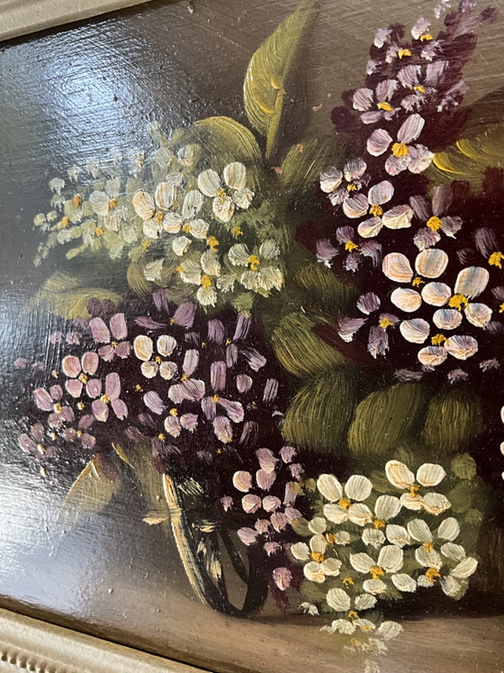 Image 1 of French Floral Oil Painting on Solid Wood Panel with Original Carved Frame, c. 1950