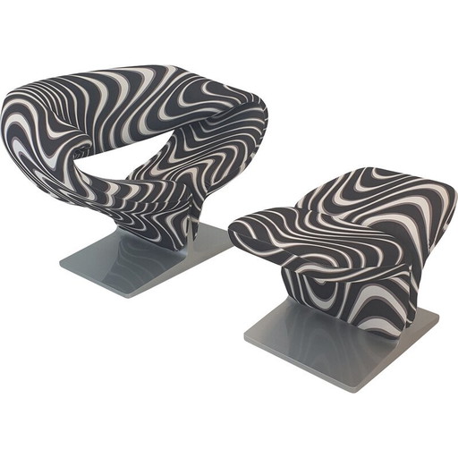 Sedia vintage "Ribbon" con pouf in tessuto nero Momentum di Pierre Paulin per Artifort, Francia 1990