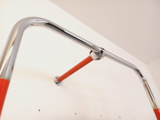Image 1 of Modular Bauhaus-style vintage bookcase in red metal, chrome and glass from the 1970s