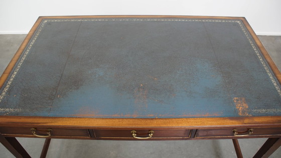 Image 1 of Writing table and a blue cowhide leather chesterfield office chair