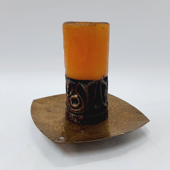 Image 1 of Vintage Wrought Brass Candle Holder & Large Candle