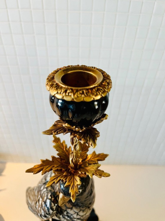 Image 1 of 48 cm grote, enorme set - bronzen, porseleinen papegaai kandelaars, nieuwe kandelaars