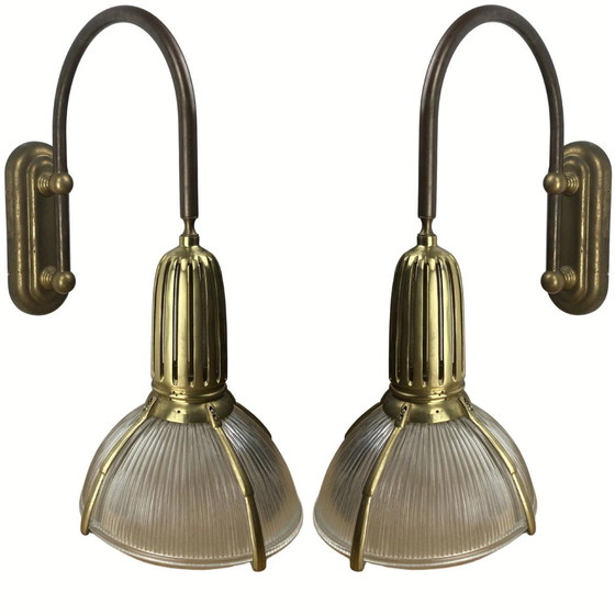 Image 1 of Art Deco Holophane Cut Glass And Brass Wall Lamps, 1970S