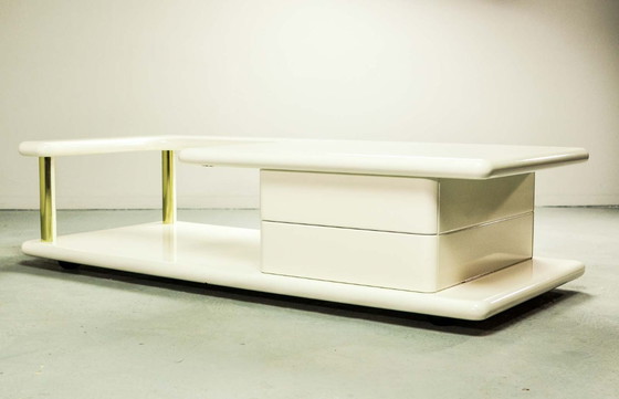 Image 1 of White High Gloss Lacquered Free Form Mid-Century Italian Design Coffee Table with Brass Accents.