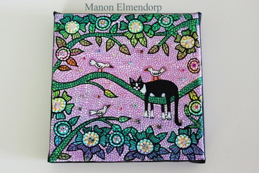 Peinture unique peinte à la main avec un âne, un chat et des oiseaux