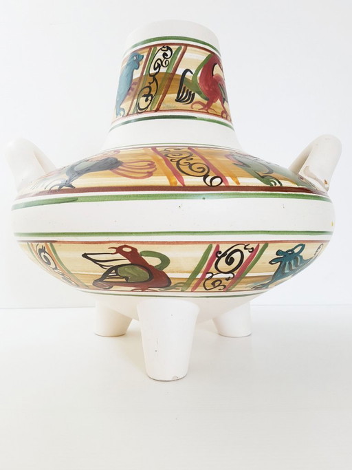 Large Bayeux earthenware ceramic tripod vase with handles, 1950s vintage