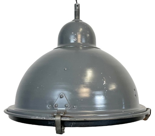 Lampada a sospensione industriale grigia con copertura in vetro trasparente, anni '70